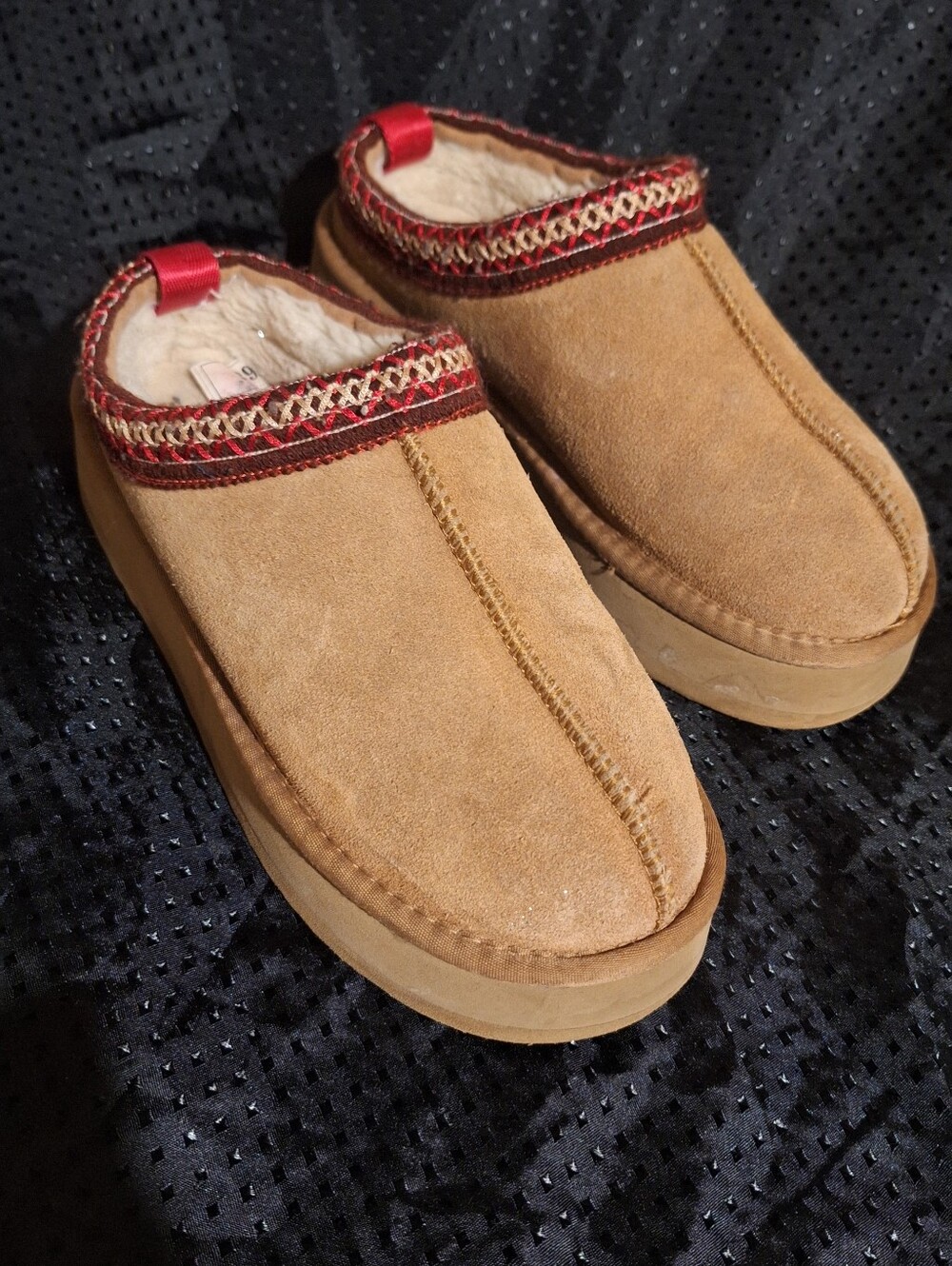 Womans   Suede Slip-On Slippers in Tan with Red Trim